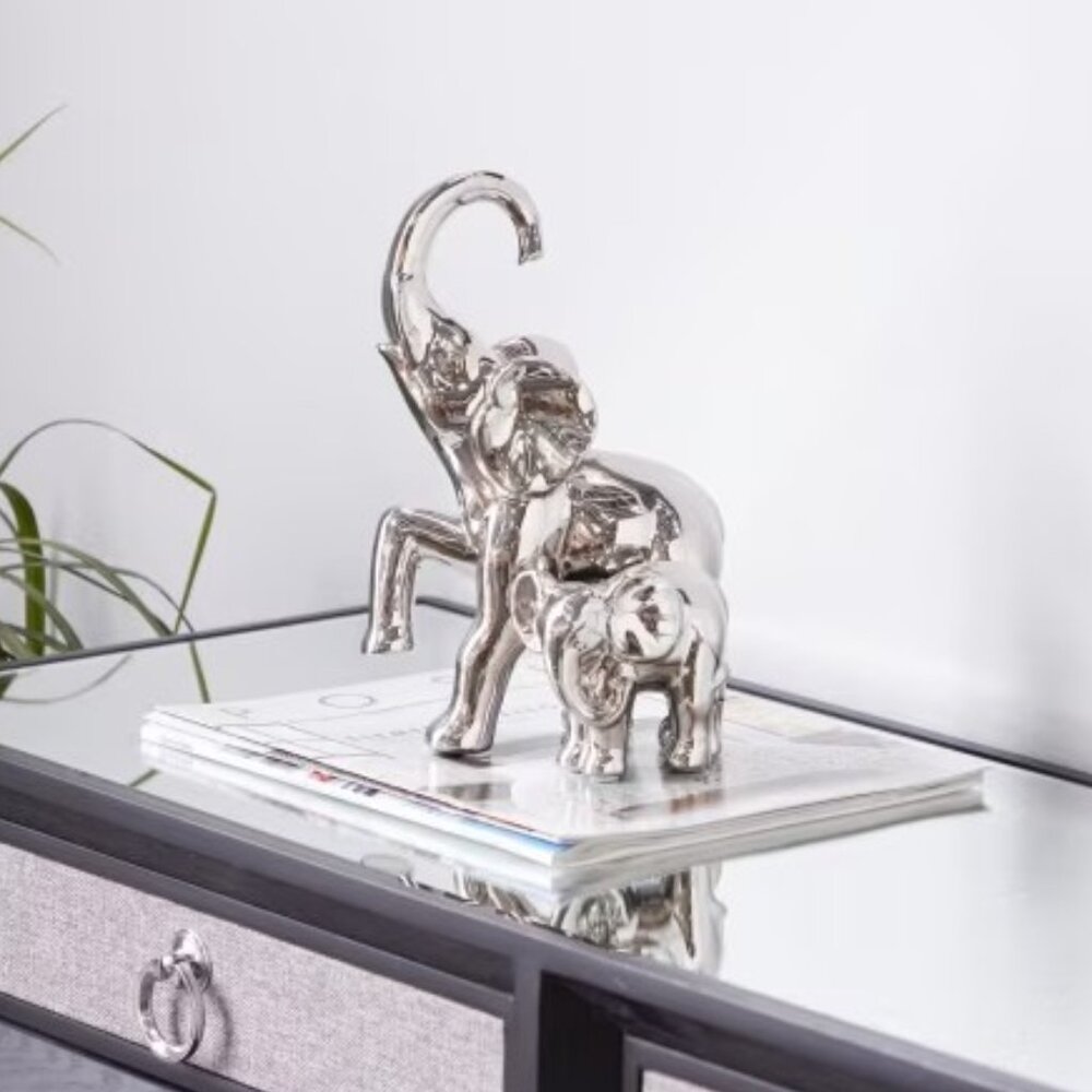 Silver Ceramic Elephant Sculpture-Mom and Baby Elephant 7"L x 5"W x 11"H